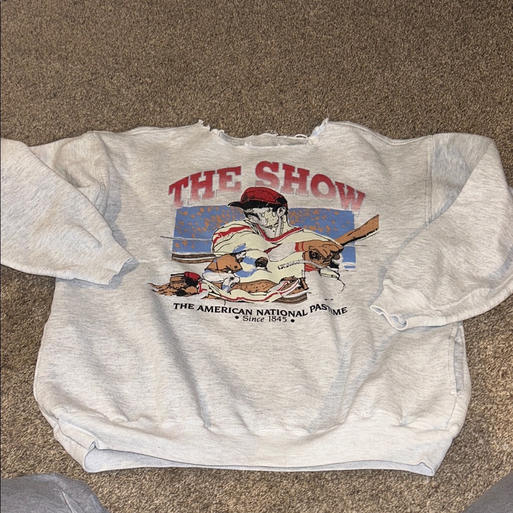 Gray Graphic baseball  Sweatshirt pockets but hood cut off needs cleaner cut